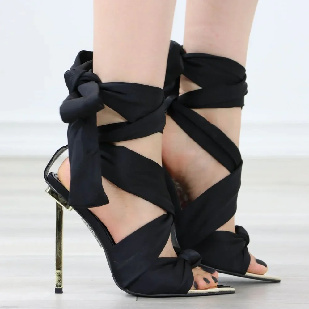 Black Open pointed Toe High Heel Ankle Strap Fabric Gold Needle Heel - Picture 3 of 12